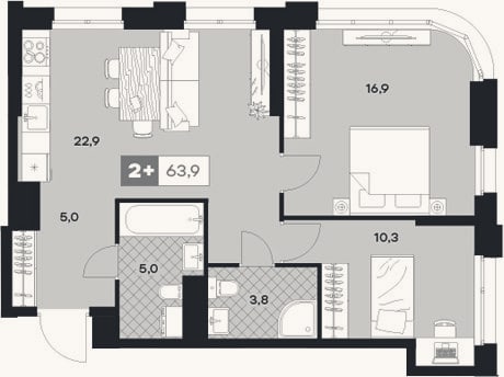 Планировка: 2-к, 63,9 м²