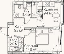 Планировка: 1-к, 36,3 м²