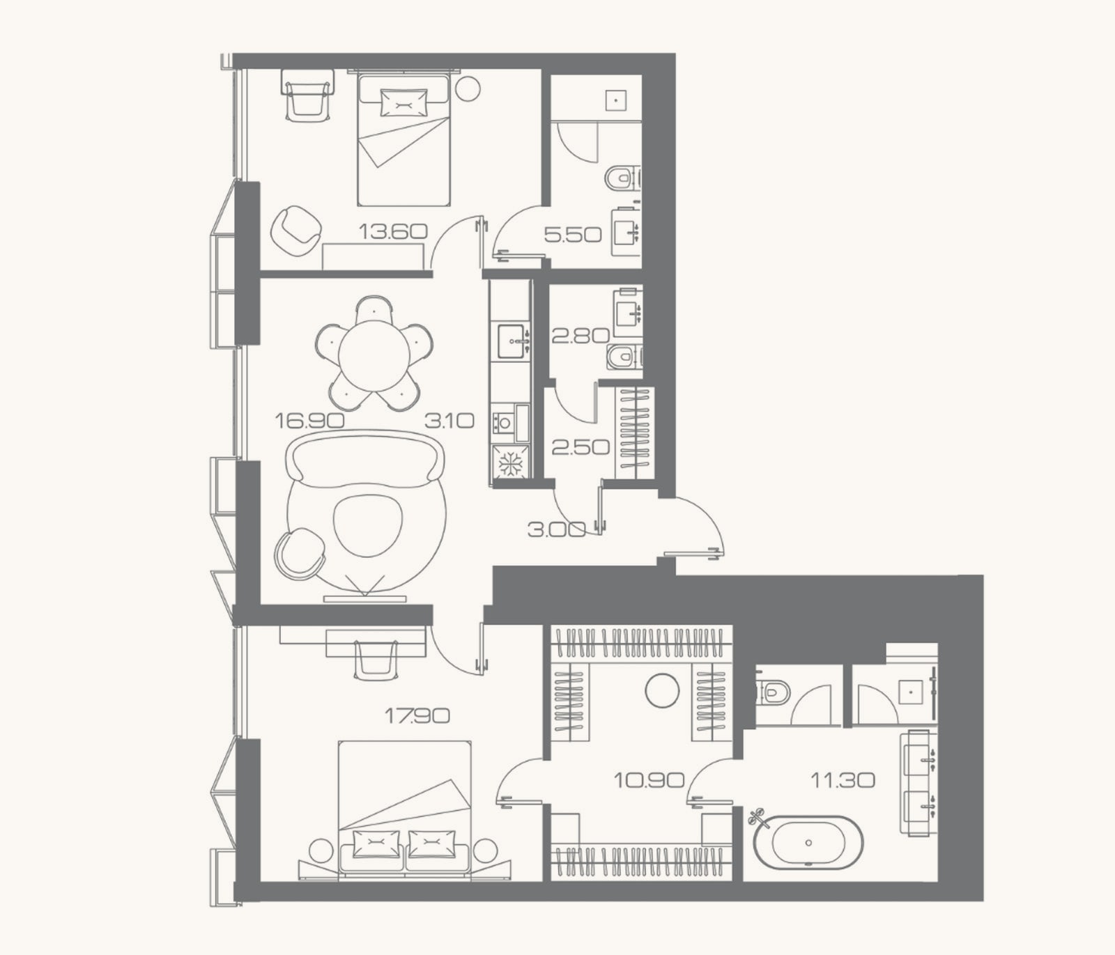 Планировка: 3-к, 82,7 м²