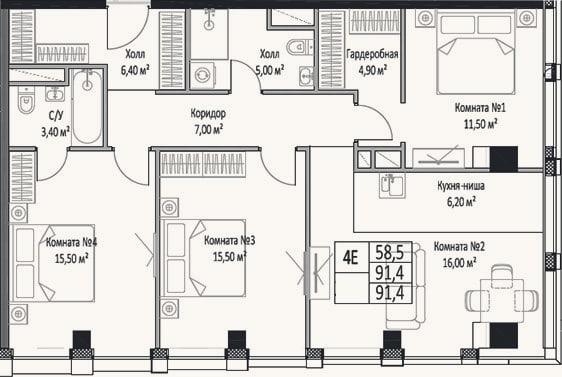 Планировка: 4+ к, 91,4 м²