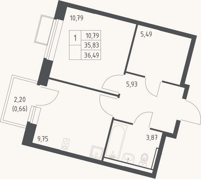 Планировка: 1-к, 35,8 м²