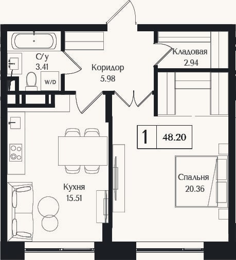 Планировка: 1-к, 48,2 м²