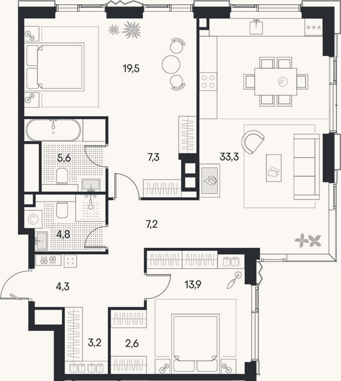 Планировка: 3-к, 101,7 м²