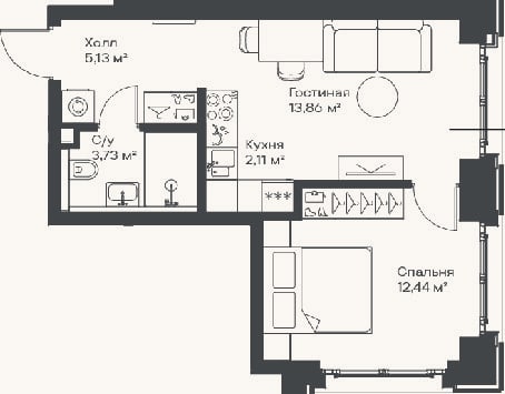Планировка: 2-к, 37,3 м²