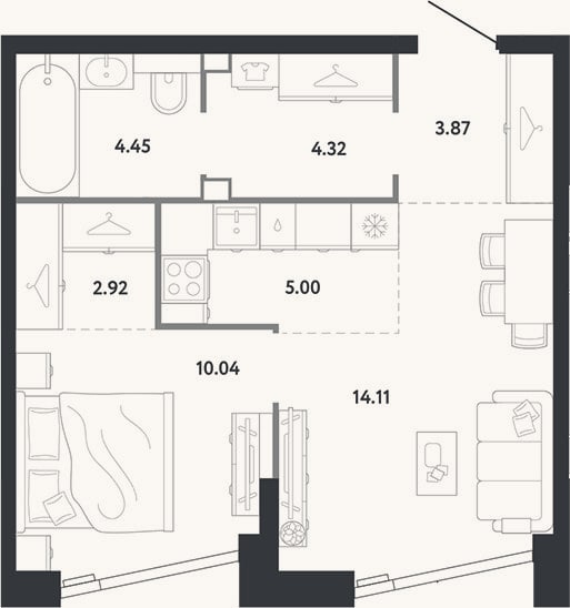 Планировка: 1-к, 44,7 м²
