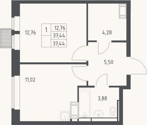 Планировка: 1-к, 37,4 м²