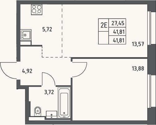 Планировка: 2-к, 41,8 м²