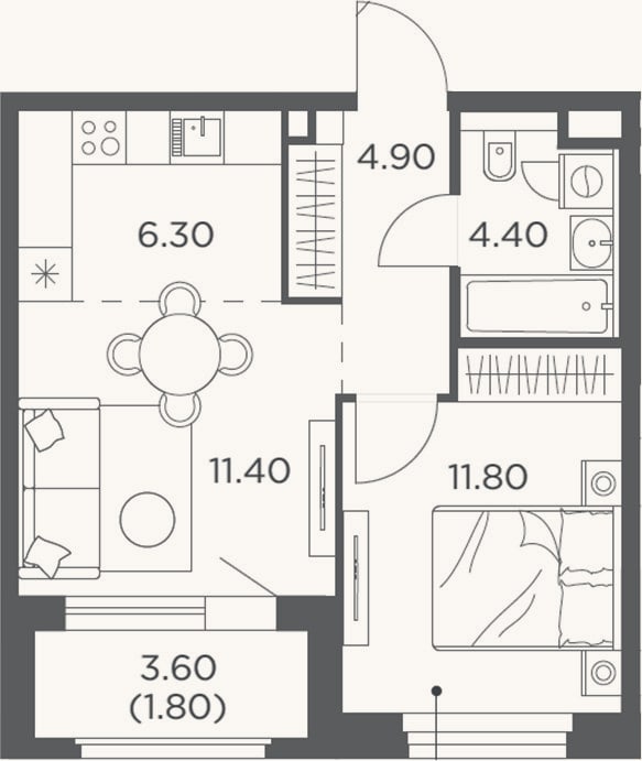Планировка: 2-к, 38,8 м²