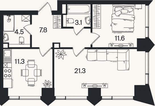 Планировка: 2-к, 59,6 м²