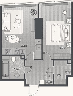 Планировка: 2-к, 55,6 м²