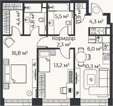 Планировка: 3-к, 68,5 м²