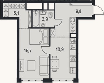 Планировка: 1-к, 45,4 м²
