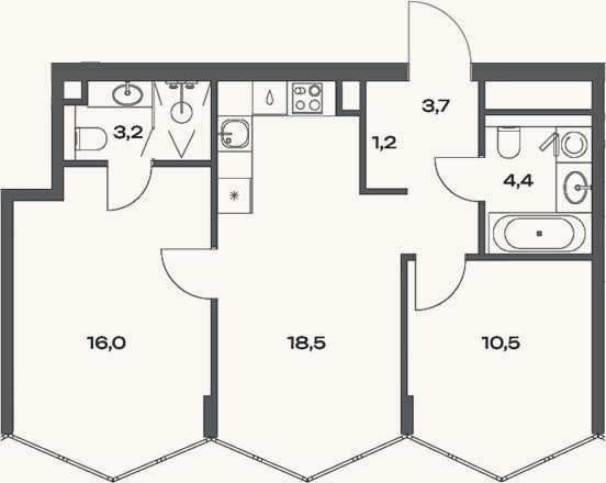 Планировка: 3-к, 57,5 м²
