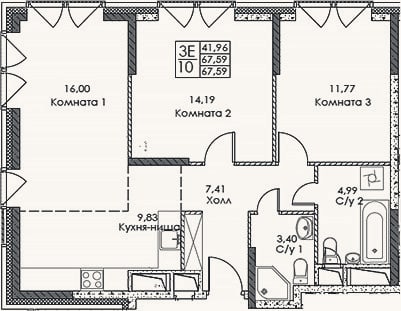 Планировка: 3-к, 67,6 м²