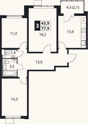 Планировка: 3-к, 75,8 м²