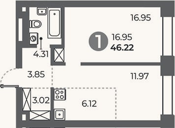 Планировка: 1-к, 46,2 м²