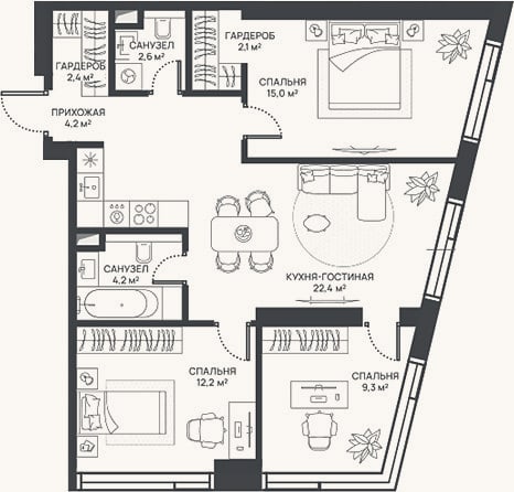 Планировка: 4+ к, 74,4 м²