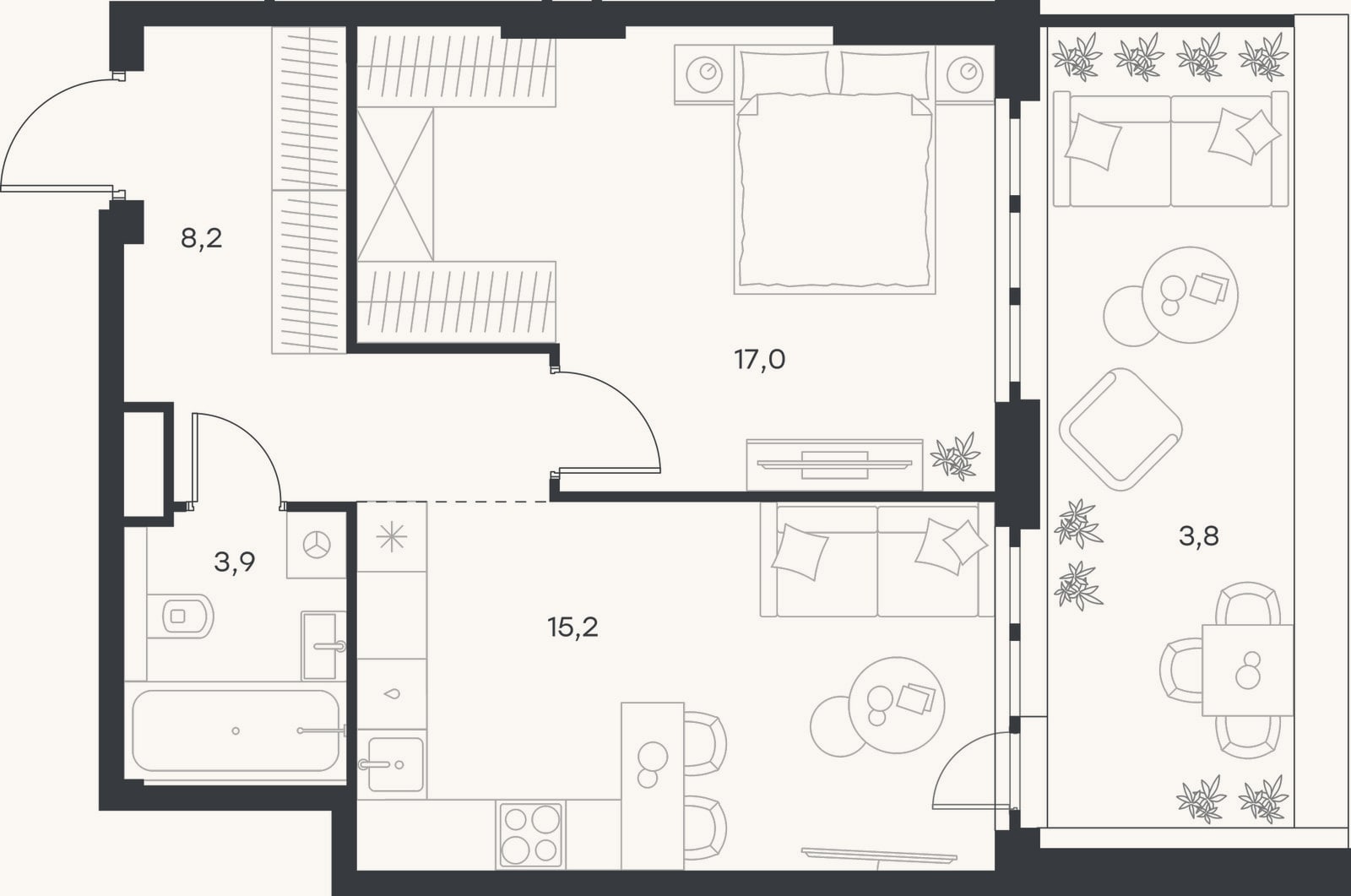 Планировка: 2-к, 44,3 м²