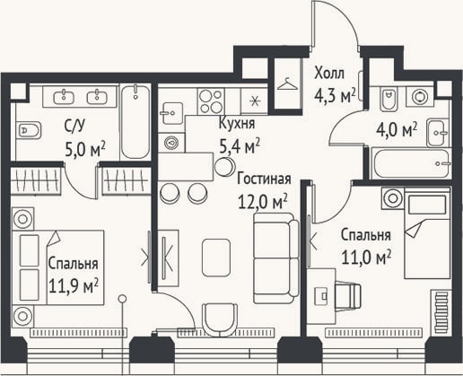 Планировка: 3-к, 53,6 м²