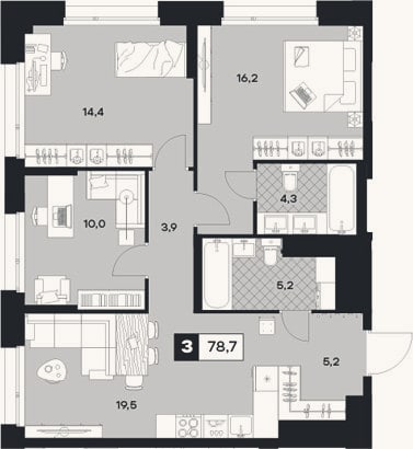 Планировка: 3-к, 78,7 м²