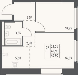Планировка: 2-к, 40,9 м²