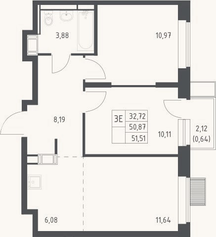 Планировка: 3-к, 50,9 м²