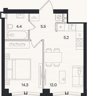 Планировка: 2-к, 41,4 м²
