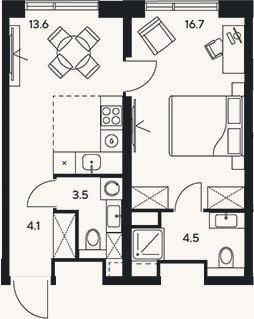 Планировка: 1-к, 42,4 м²