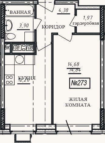 Планировка: 1-к, 37,1 м²