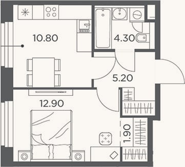 Планировка: 1-к, 35,1 м²