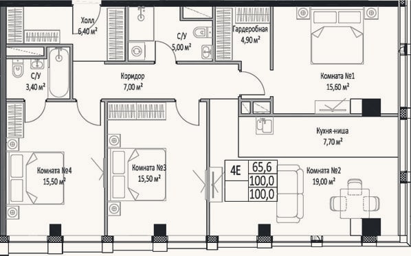 Планировка: 4+ к, 100 м²