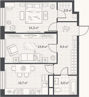 Планировка: 2-к, 57,2 м²