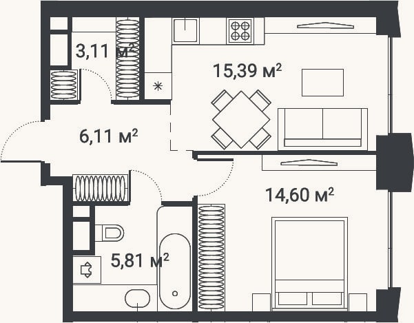 Планировка: 1-к, 45 м²