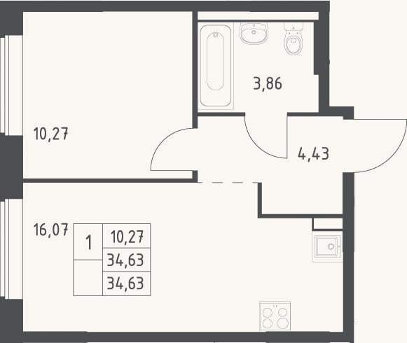 Планировка: 2-к, 34,6 м²