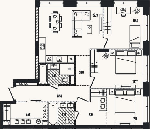 Планировка: 4+ к, 91,4 м²