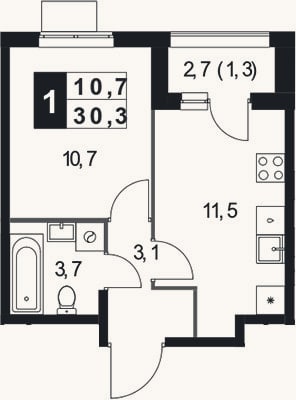 Планировка: 1-к, 29 м²