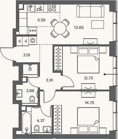 Планировка: 3-к, 62,1 м²