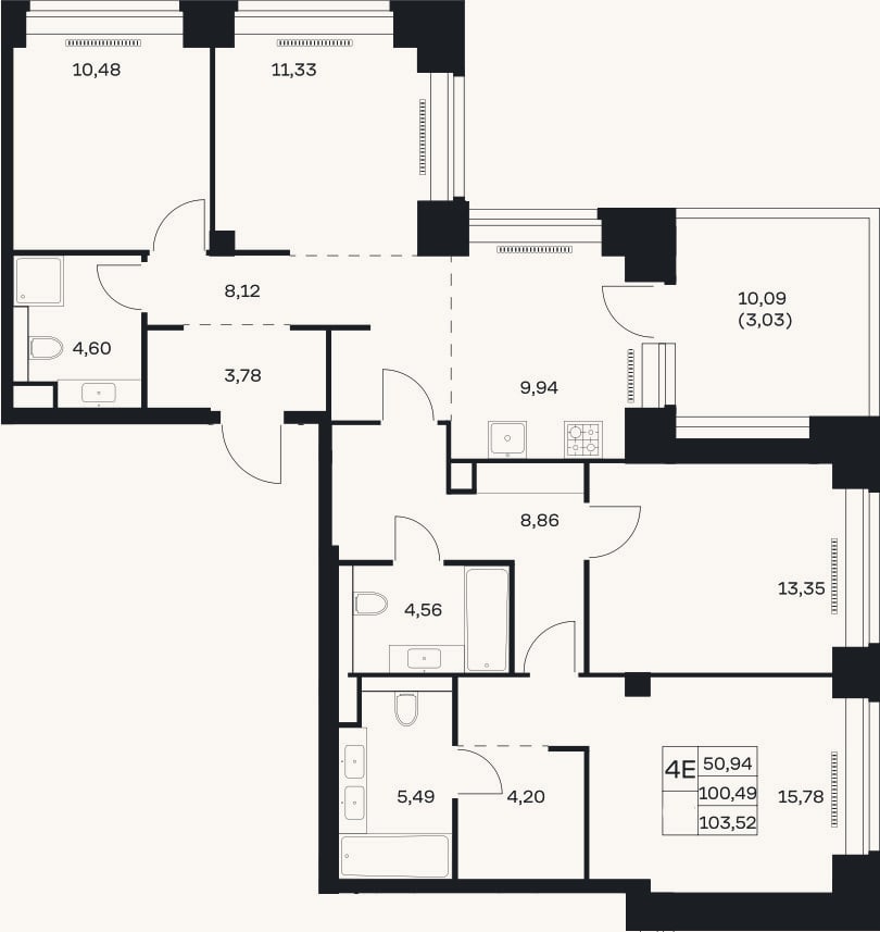 Планировка: 4+ к, 100,5 м²
