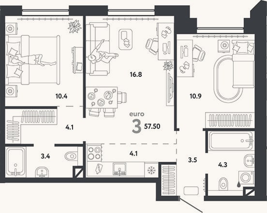 Планировка: 3-к, 57,5 м²
