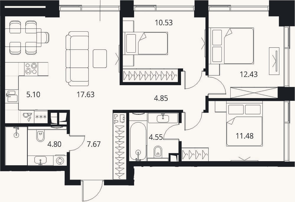 Планировка: 4+ к, 79 м²