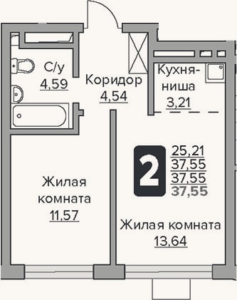 Планировка: 2-к, 37,6 м²