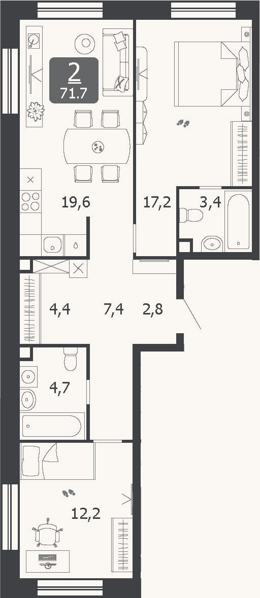 Планировка: 3-к, 71,7 м²