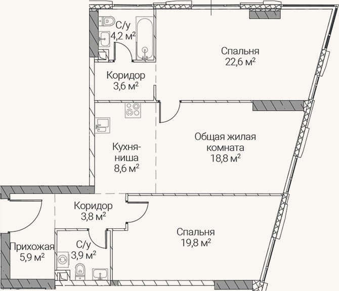Планировка: 3-к, 91,2 м²