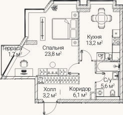 Планировка: 1-к, 51 м²