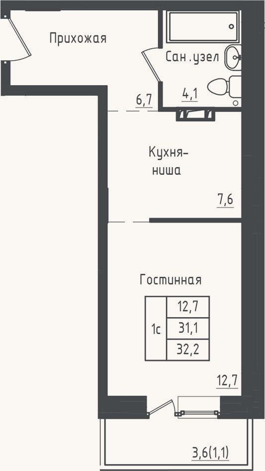 Планировка: Студия, 31,1 м²