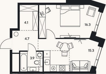 Планировка: 1-к, 44,3 м²