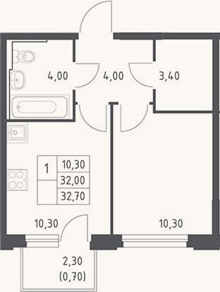 Планировка: 1-к, 32 м²