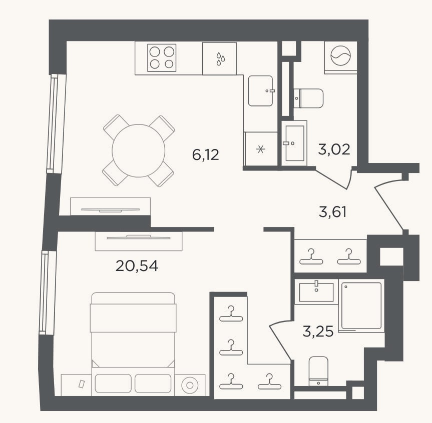 Планировка: 1-к, 36,5 м²