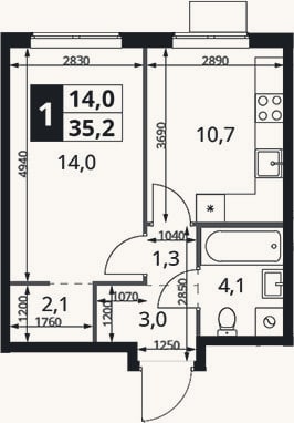 Планировка: 1-к, 35,2 м²