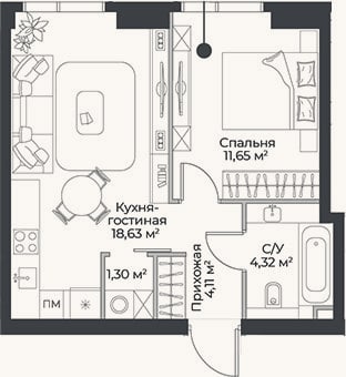 Планировка: 2-к, 40 м²